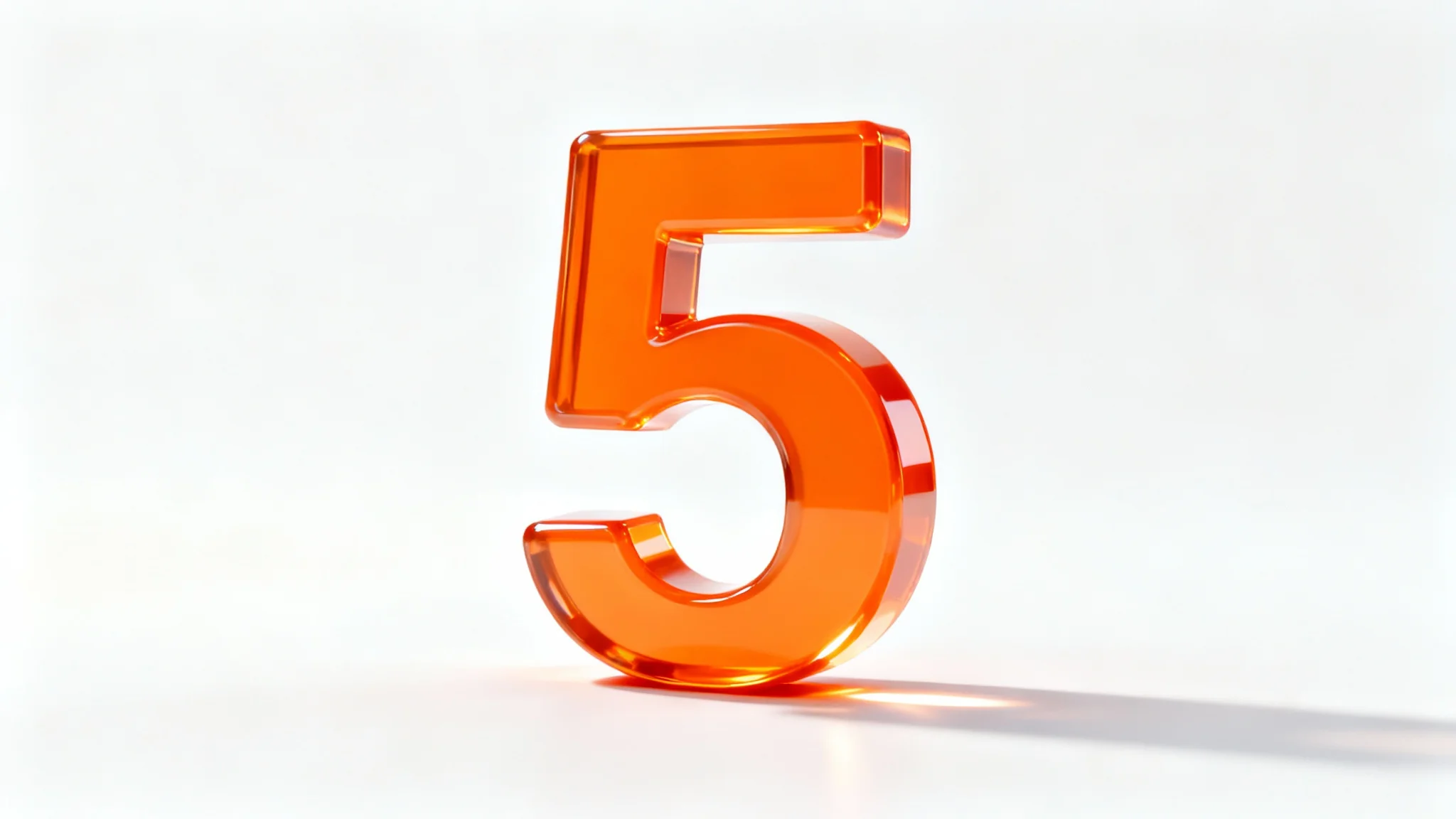 A high-quality 3D render of the number 5, made from a glossy orange material, standing on a clean white background, casting a soft shadow.