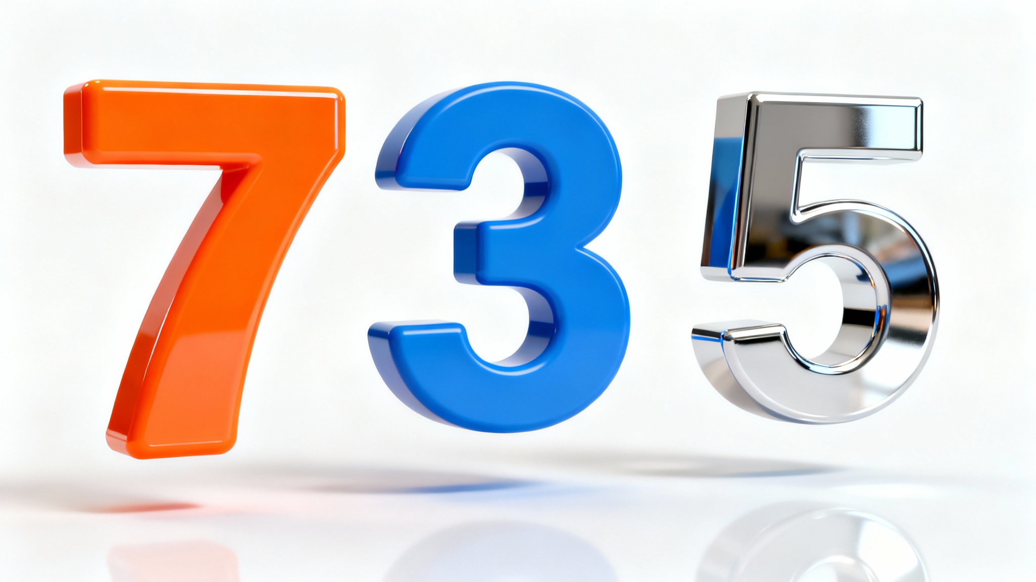 Colorful 3D numbers, specifically 7, 3, and 5, float against a clean white background, showcasing different glossy, matte, and chrome materials in a modern, photorealistic style.