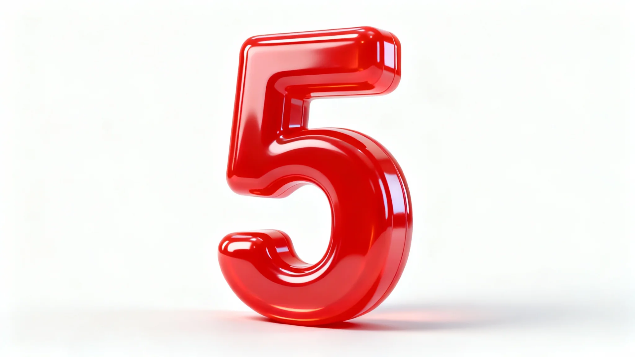 A glossy, candy-apple red 3D rendering of the number five, standing on a clean white surface with a soft shadow, shown from a three-quarter angle to highlight its depth.