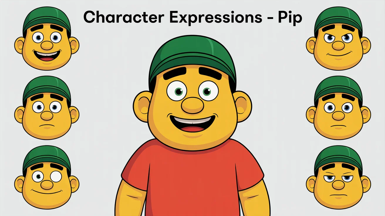 A professional cartoon expression sheet for a cheerful, yellow-skinned character in a green cap. The image shows a central figure surrounded by headshots depicting various emotions like happiness, anger, surprise, and sadness, presented in a clean, polished 3D animation style.