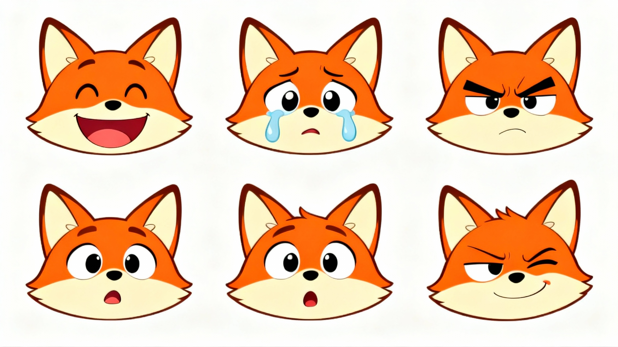 A cartoon expression sheet of a stylized fox character, showcasing six different emotions: happiness, sadness, anger, surprise, confusion, and slyness, presented in a clean, modern animation style on a white background.