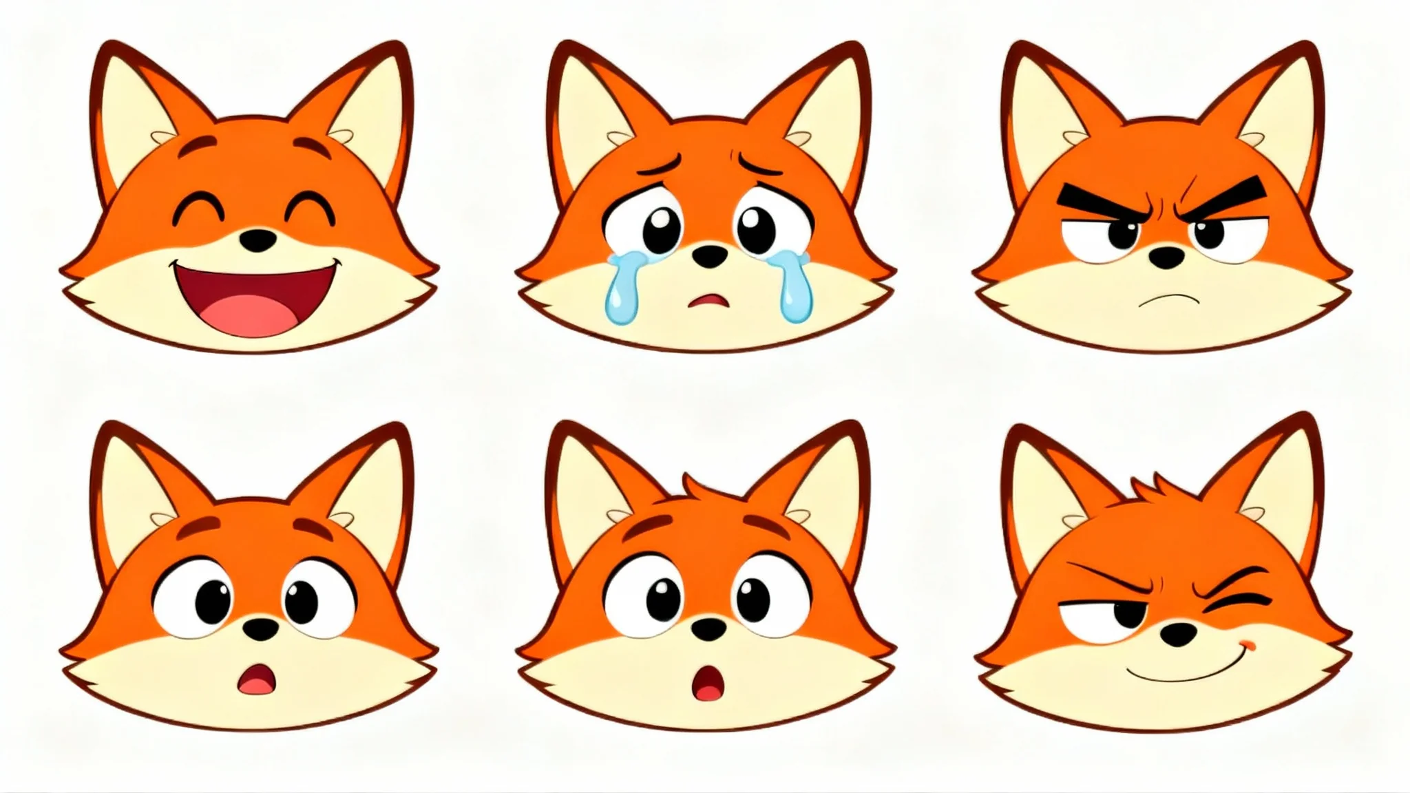 A cartoon expression sheet of a stylized fox character, showcasing six different emotions: happiness, sadness, anger, surprise, confusion, and slyness, presented in a clean, modern animation style on a white background.