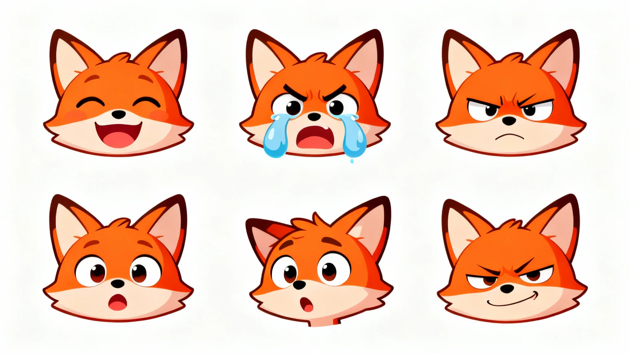 A cartoon expression sheet of a cute fox character, showing six different emotions: joy, sadness, anger, surprise, confusion, and mischief, presented in a grid format.