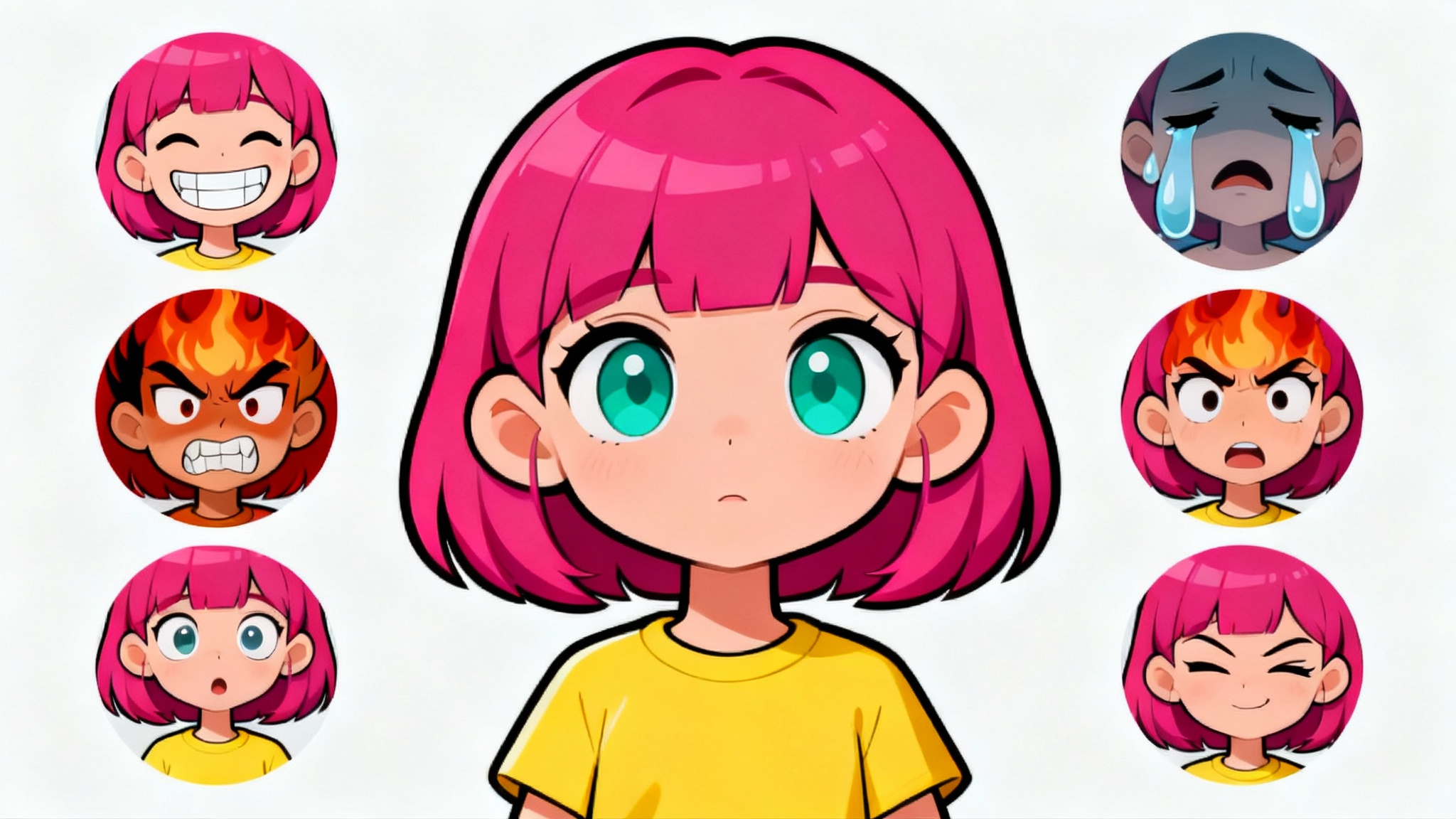 A colorful cartoon expression sheet of a character with pink hair, showing six different emotions: joy, sadness, anger, surprise, confusion, and mischief, arranged around a central neutral portrait on a white background.