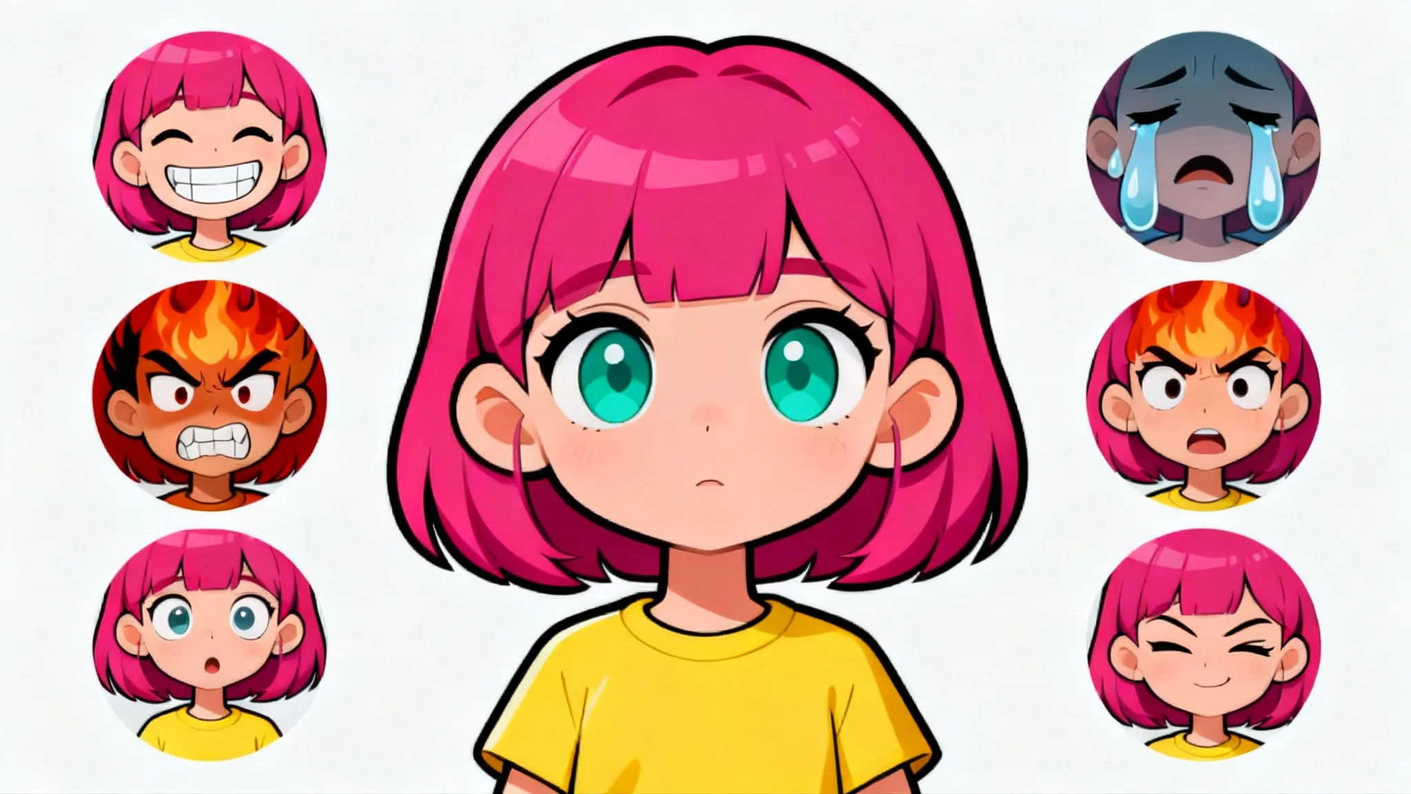 A colorful cartoon expression sheet of a character with pink hair, showing six different emotions: joy, sadness, anger, surprise, confusion, and mischief, arranged around a central neutral portrait on a white background.
