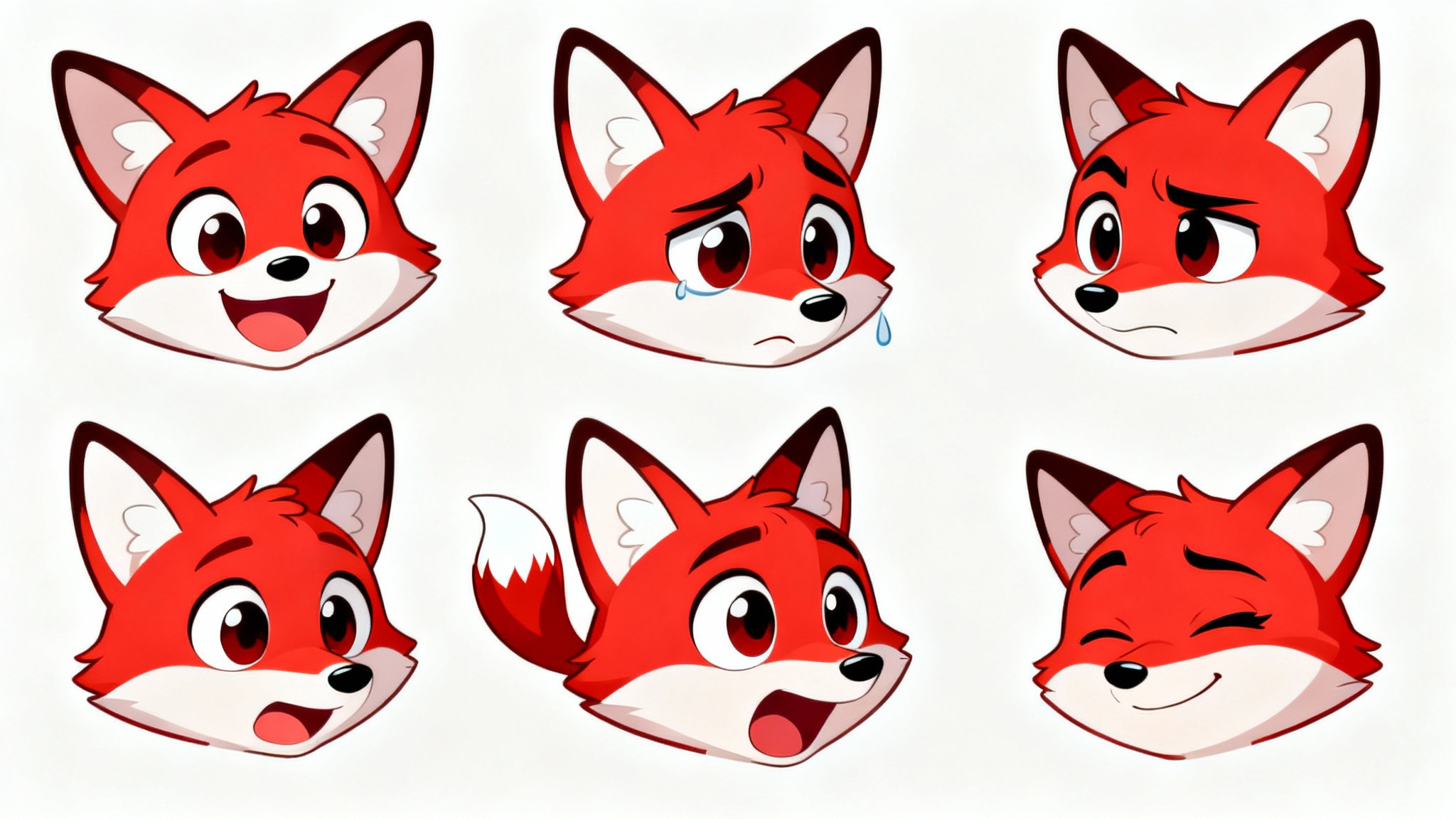 A cartoon expression sheet of a stylized red fox's head, displaying six different emotions: happy, sad, angry, surprised, confused, and mischievous. The drawings are arranged in a grid on a clean white background.