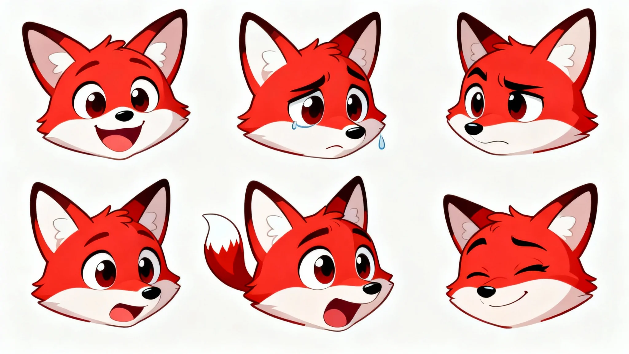 A cartoon expression sheet of a stylized red fox's head, displaying six different emotions: happy, sad, angry, surprised, confused, and mischievous. The drawings are arranged in a grid on a clean white background.