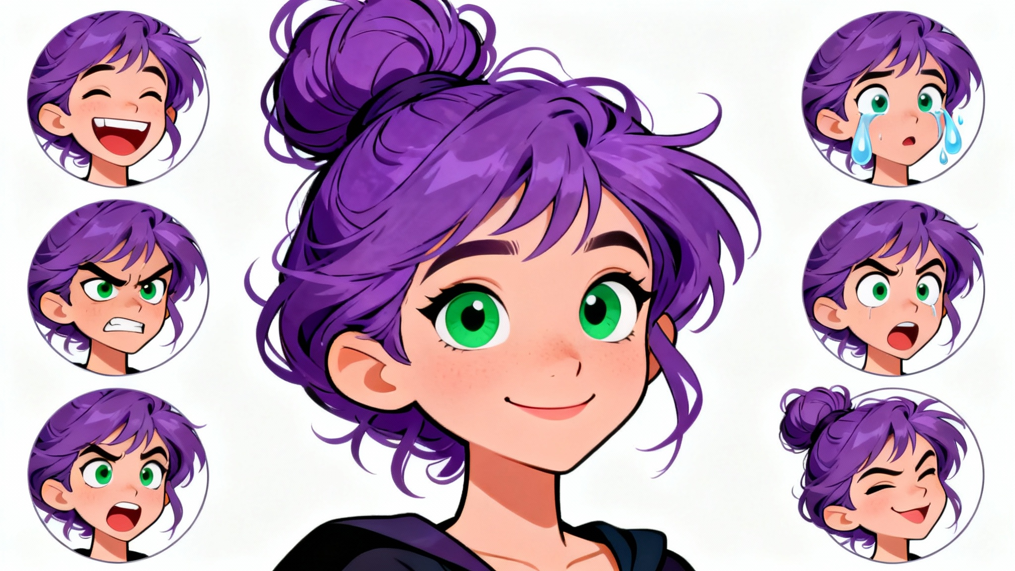 A cartoon expression sheet of a young witch with purple hair, displaying various emotions including happiness, sadness, anger, and surprise, on a clean white background.