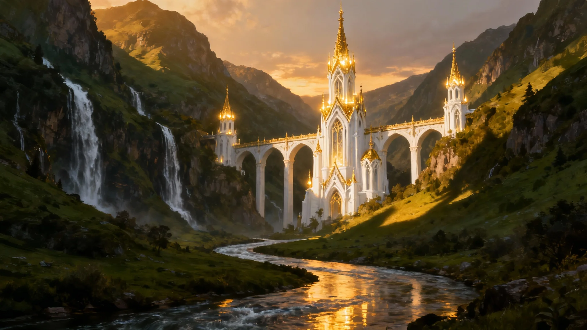 An epic digital painting of a sprawling fantasy kingdom nestled in a mountain valley at sunset, featuring white and gold towers, waterfalls, and cinematic lighting.