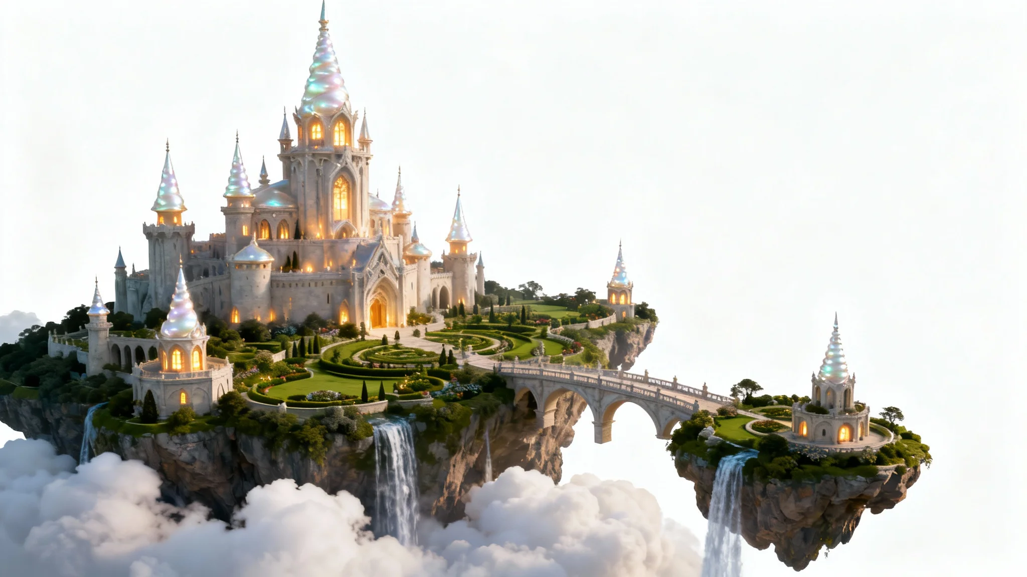 A hyper-detailed digital artwork of a majestic fantasy kingdom on a floating island, isolated against a clean white background.