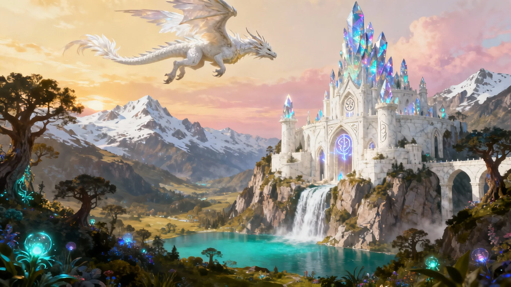 A majestic fantasy kingdom with a grand castle on a cliff, featuring waterfalls, a lush valley, and a white dragon flying in the golden sky.
