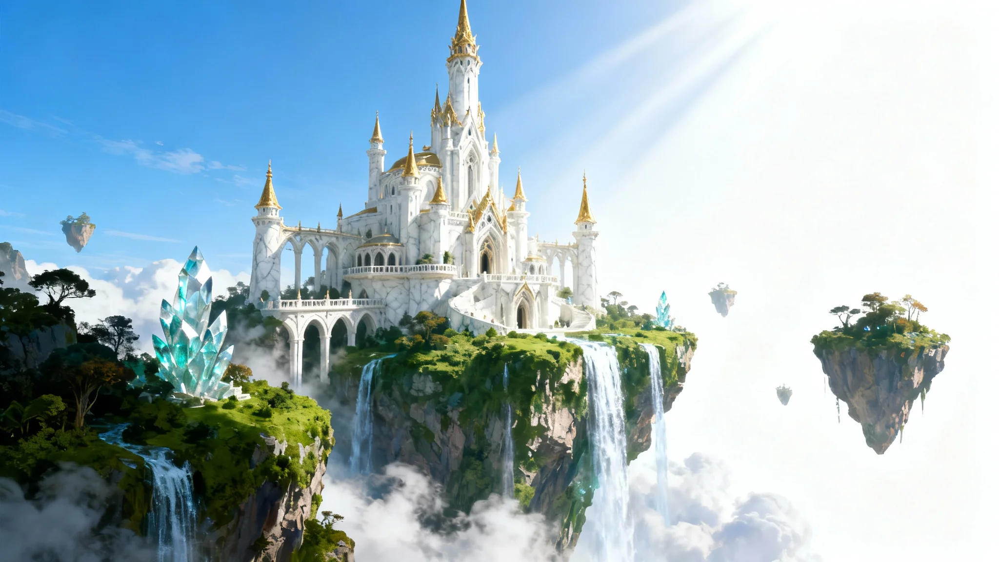 A digital painting of a majestic fantasy kingdom on a floating island, with white towers and golden spires, against a clean white background.