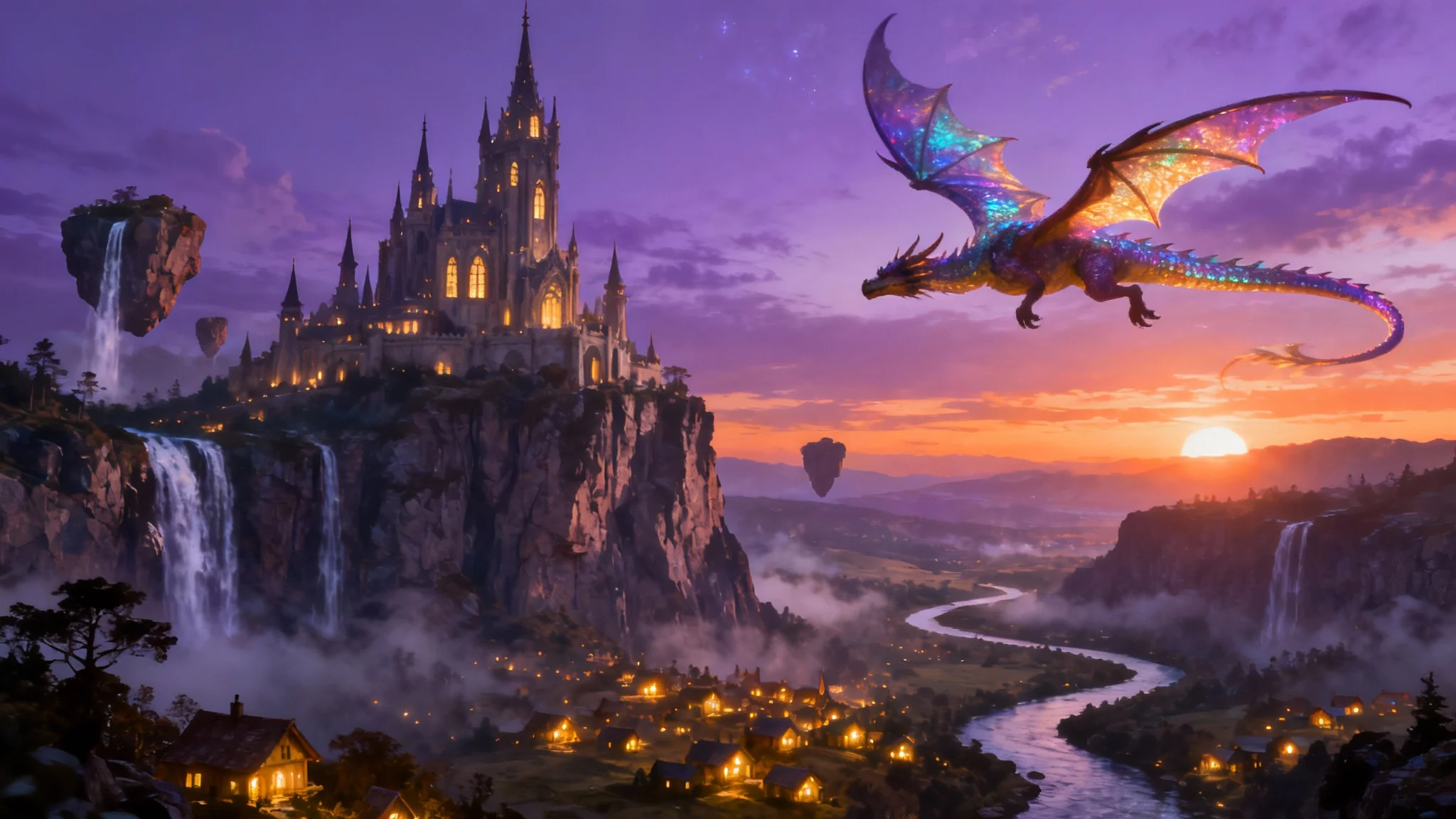 A breathtaking cinematic view of a fantasy kingdom at twilight, featuring a grand castle on a cliff, floating islands with waterfalls, and a large dragon flying through the colorful sky.