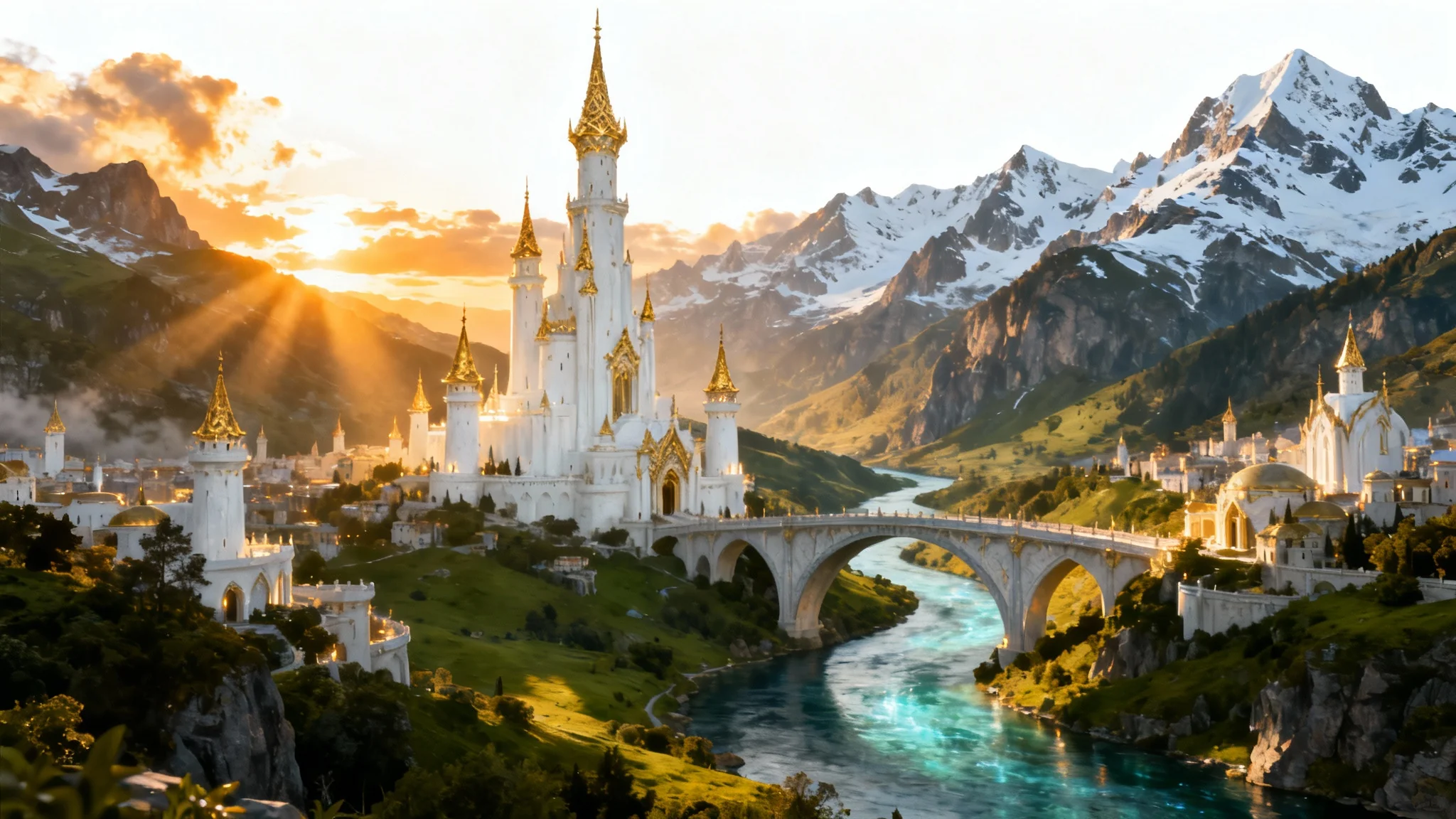 A panoramic view of a magnificent fantasy kingdom set in a lush valley. White and gold towers reach towards the sky, with a clear river flowing through the city, all set against a backdrop of snowy mountains during a golden sunset, isolated on a white background.