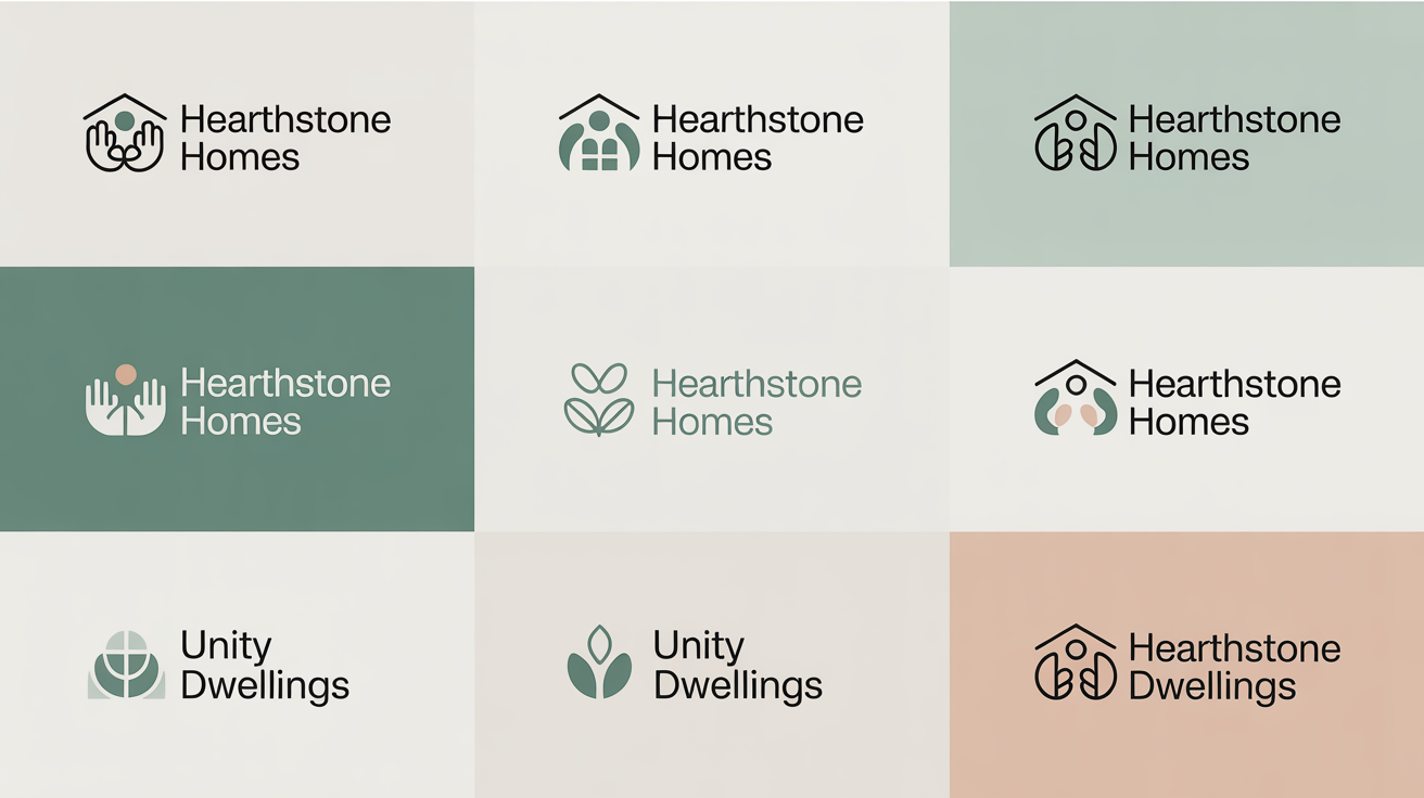 A showcase of several professionally designed logos for a housing cooperative, featuring stylized houses and community symbols in a modern, clean aesthetic.