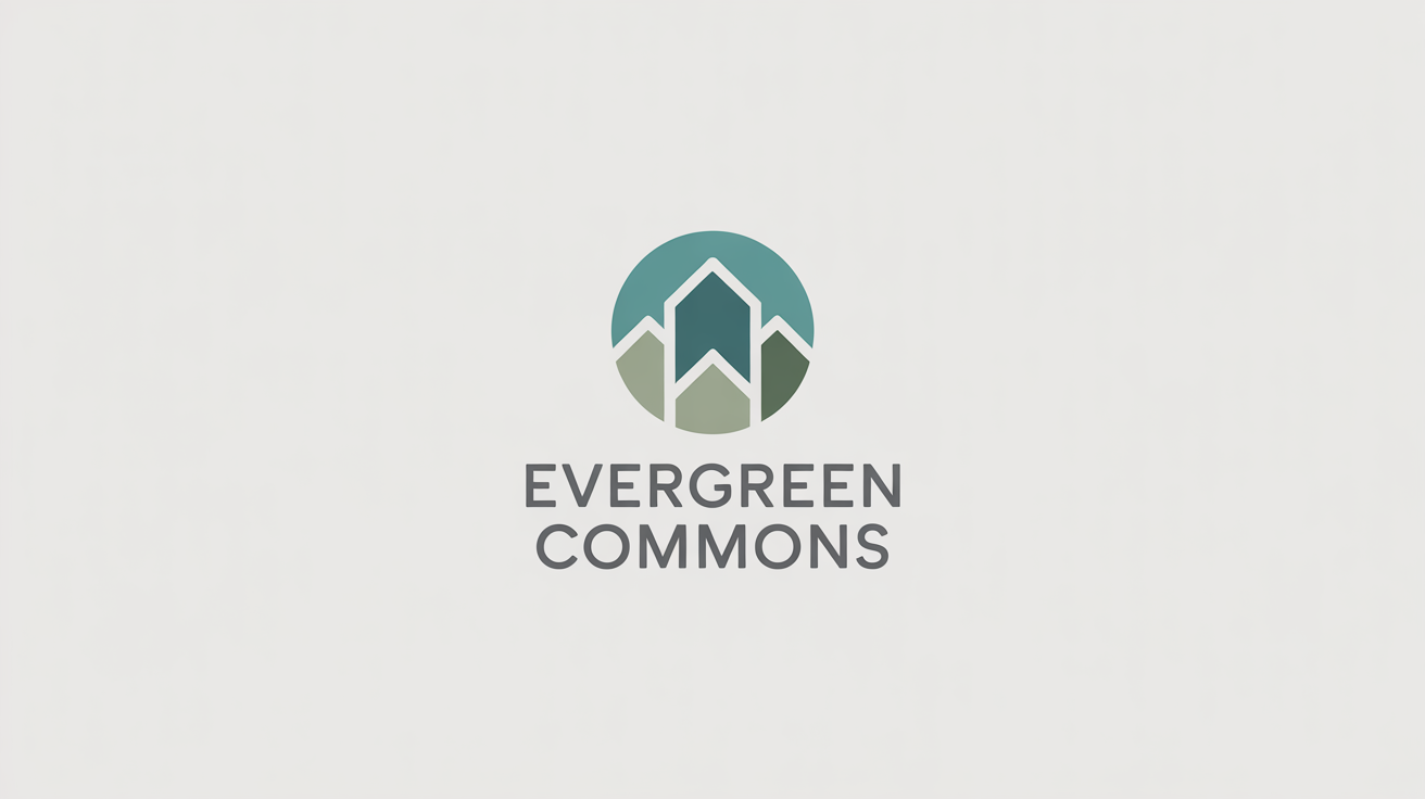 A modern logo for a housing cooperative named 'Evergreen Commons'. The design features stylized houses forming a circle, set against a white background, conveying a sense of community.
