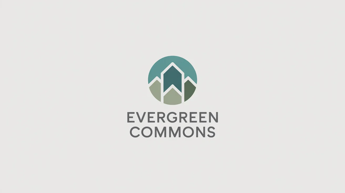 A modern logo for a housing cooperative named 'Evergreen Commons'. The design features stylized houses forming a circle, set against a white background, conveying a sense of community.