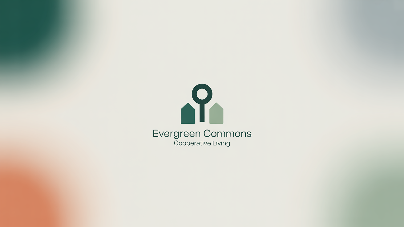 A modern logo for a housing cooperative named 'Evergreen Commons'. The design features a stylized icon of houses and a key, symbolizing community and home ownership.