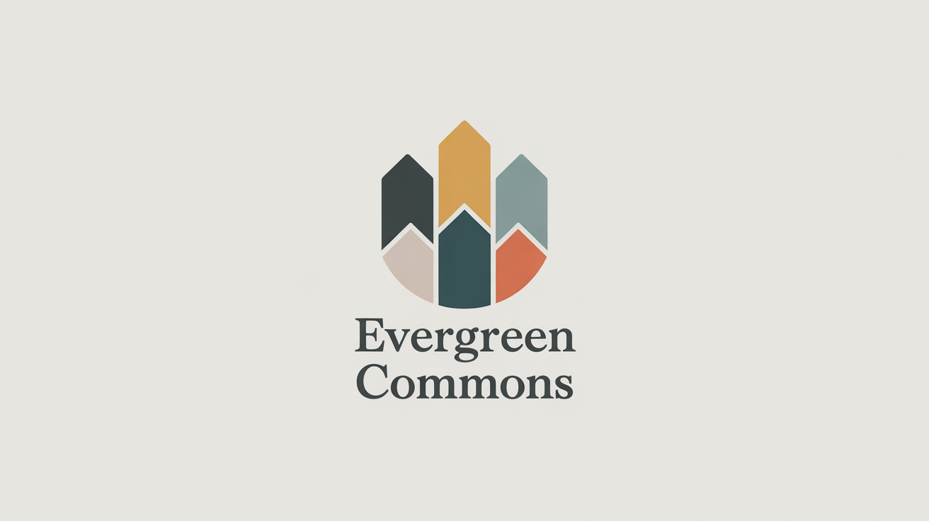 A modern logo for a housing cooperative named 'Evergreen Commons'. The logo features a circular cluster of stylized houses in teal, gray, and ochre, symbolizing community and unity, on a white background.
