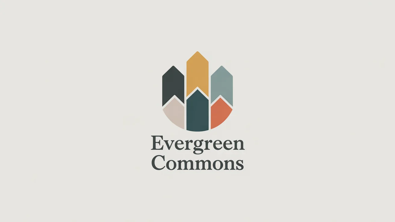 A modern logo for a housing cooperative named 'Evergreen Commons'. The logo features a circular cluster of stylized houses in teal, gray, and ochre, symbolizing community and unity, on a white background.