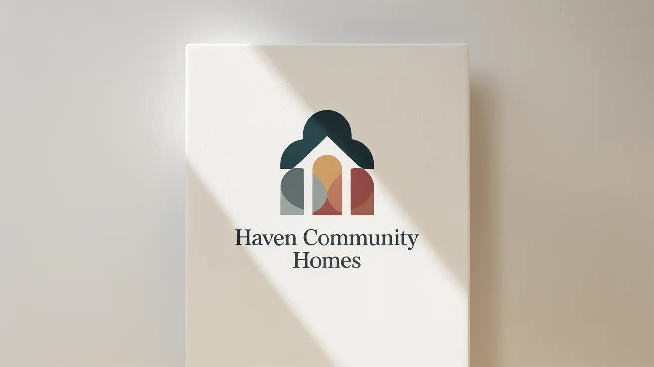 A modern logo mockup for a housing cooperative named 'Haven Community Homes'. The logo features an abstract house icon in teal, grey, and ochre, on a clean white background.