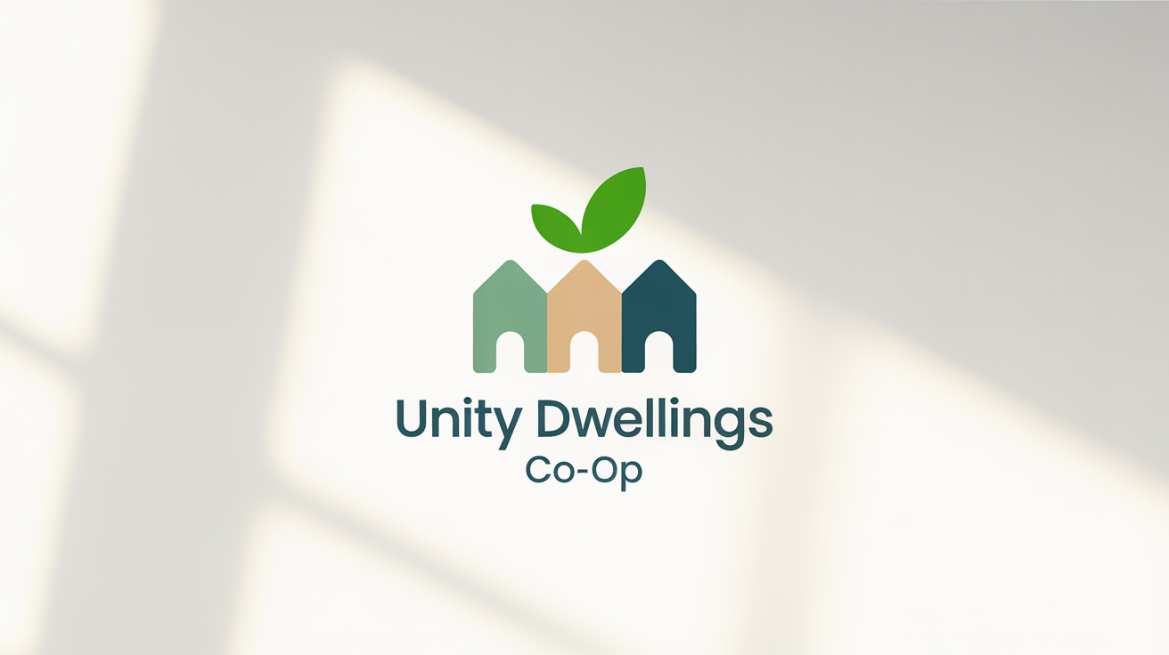 A modern logo for a housing cooperative named 'Unity Dwellings Co-op'. The logo features three stylized, interconnected houses with a green leaf, symbolizing community and sustainability, on a white background.