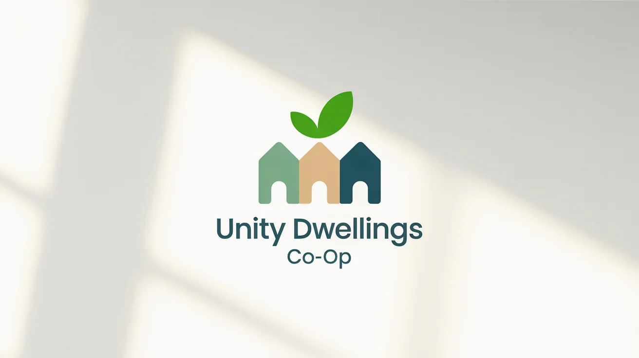 A modern logo for a housing cooperative named 'Unity Dwellings Co-op'. The logo features three stylized, interconnected houses with a green leaf, symbolizing community and sustainability, on a white background.