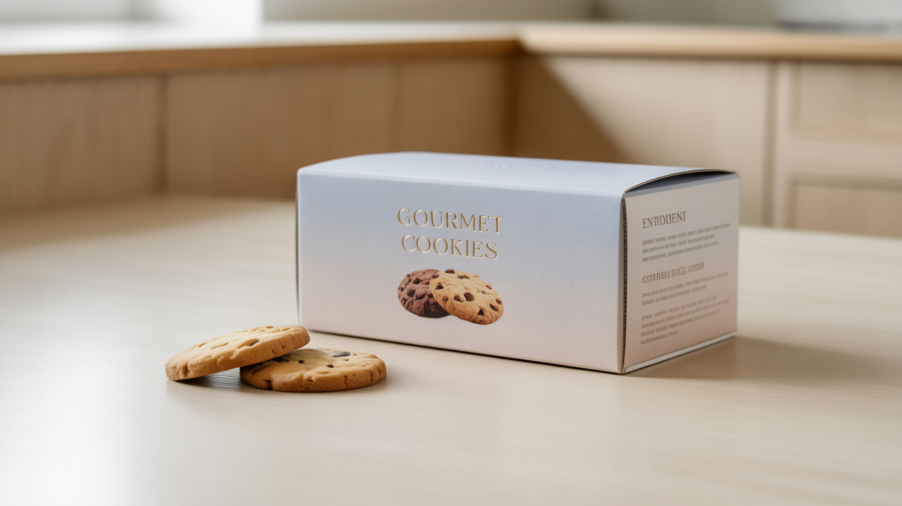 A photorealistic mockup of a pastel blue cookie box with the words 'Gourmet Cookies' in gold foil, sitting on a clean surface next to two freshly baked cookies.