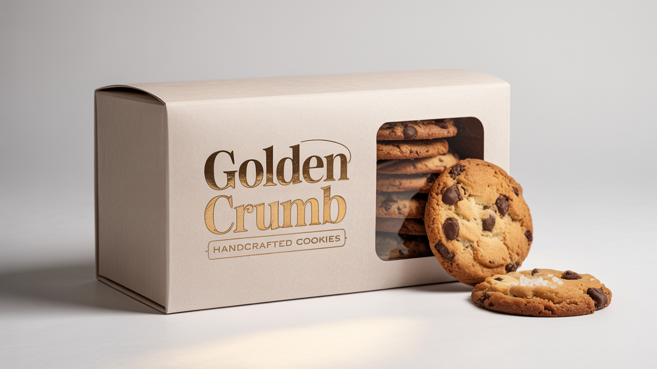 A professional product shot of a white cookie box with 'Golden Crumb' in gold text, sitting on a white background with two chocolate chip cookies beside it.
