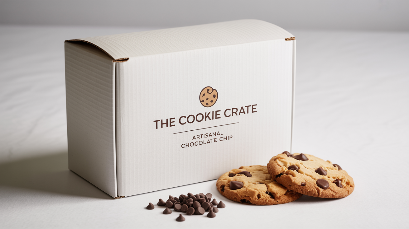 A professional mockup of a white cookie box branded 'The Cookie Crate' for artisanal chocolate chip cookies, displayed next to two freshly baked cookies on a clean white background.