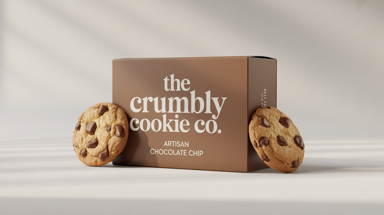A professional mockup of a stylish cookie box from 'The Crumbly Cookie Co.' for their 'Artisan Chocolate Chip' cookies, placed next to two fresh cookies on a clean white background.