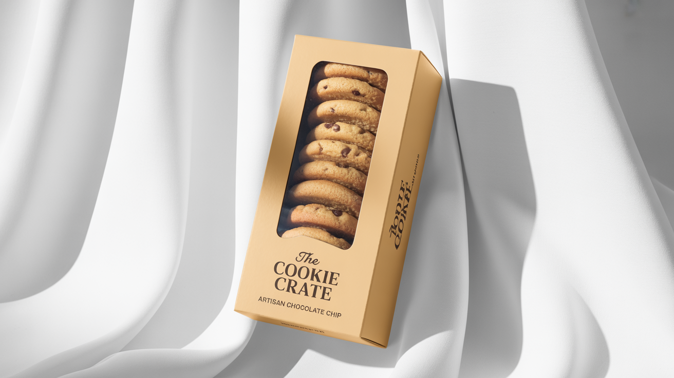 A professional product mockup of a cream-colored cookie box with a clear window showing chocolate chip cookies, branded with 'The Cookie Crate', on a white background.
