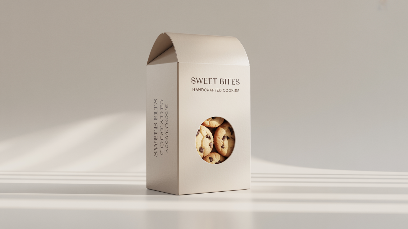 A professional mockup of a white cookie box with the words 'Sweet Bites' and 'Handcrafted Cookies' on the front, set against a plain white background. A window on top shows chocolate chip cookies inside.