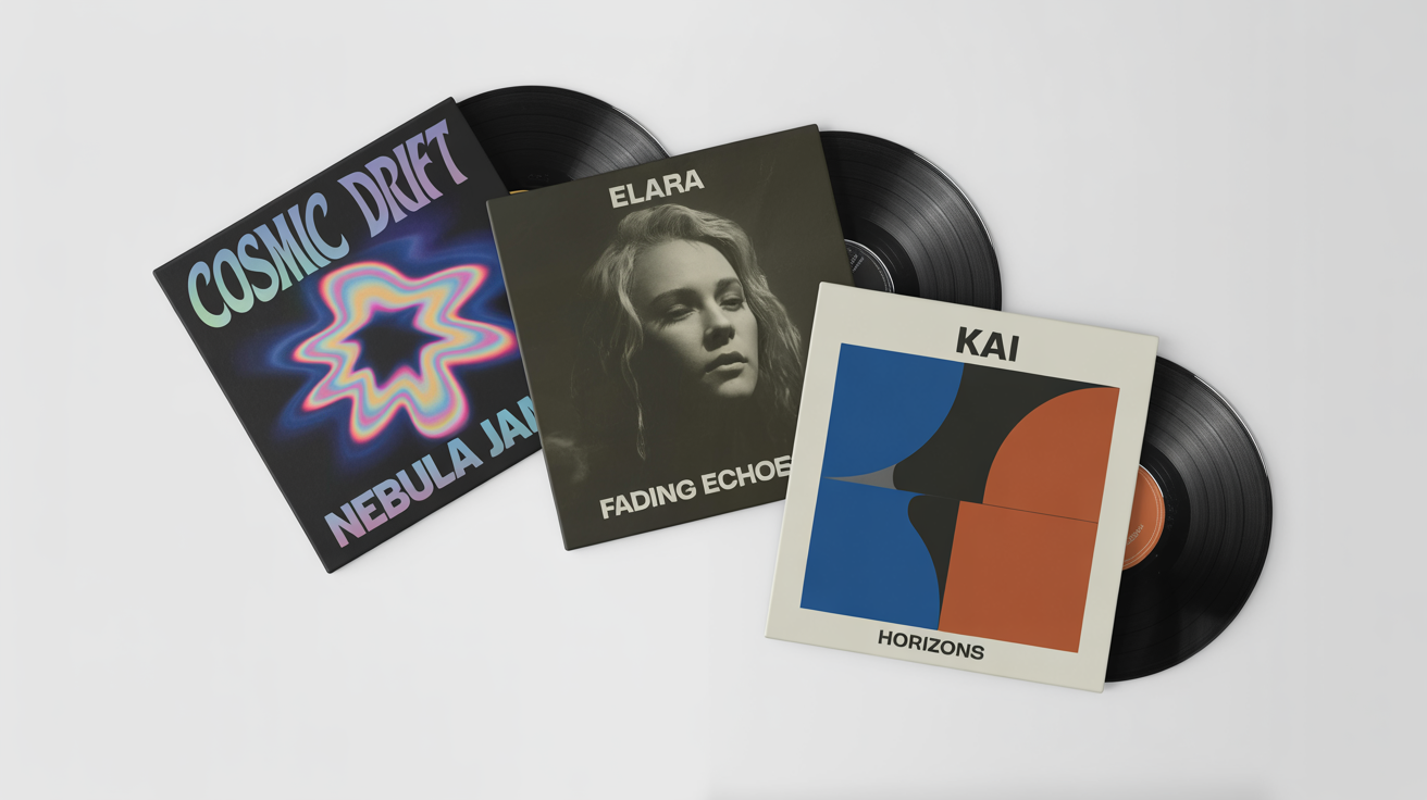 A flat lay arrangement of three different vinyl record album covers on a white background, showcasing a variety of artistic styles for custom album art, including psychedelic, photographic, and minimalist graphic design.