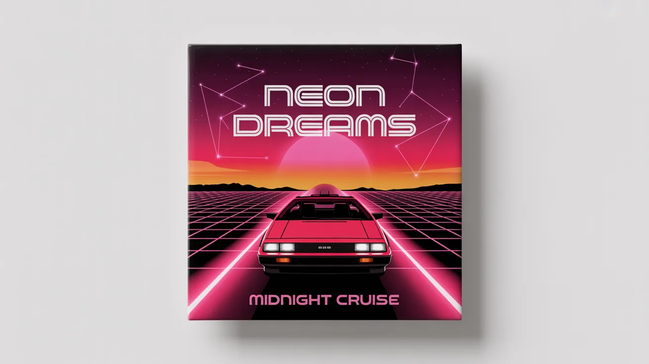 A mockup of a synthwave album cover titled 'Midnight Cruise' by 'NEON DREAMS', featuring a retro sports car driving towards a neon sunset. The album art is presented as a physical object on a clean white background.