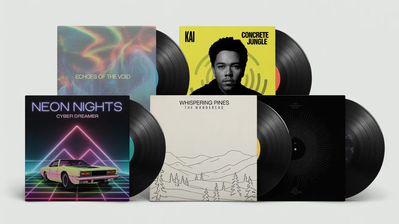 A collection of four distinct vinyl record album covers in different artistic styles, including synthwave, indie folk, and hip-hop, displayed on a white background to represent custom-generated album art.