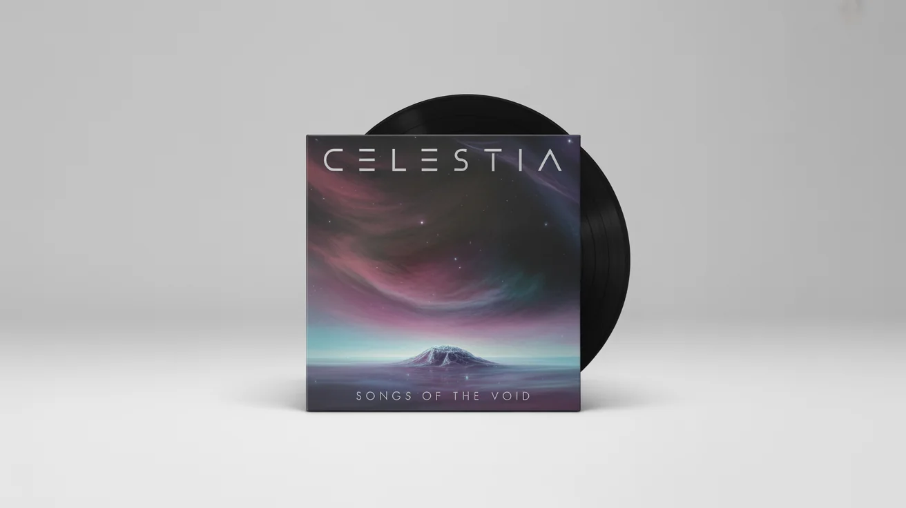 A mockup of a custom vinyl album cover for an artist named 'CELESTIA' and an album titled 'SONGS OF THE VOID'. The artwork features a surreal cosmic landscape on a clean white background.