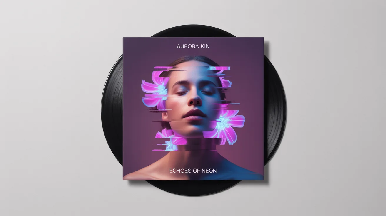 A mockup of a modern album cover titled 'ECHOES OF NEON' by 'AURORA KIN', featuring a surreal portrait with digital glitches and neon flowers, on a white background.