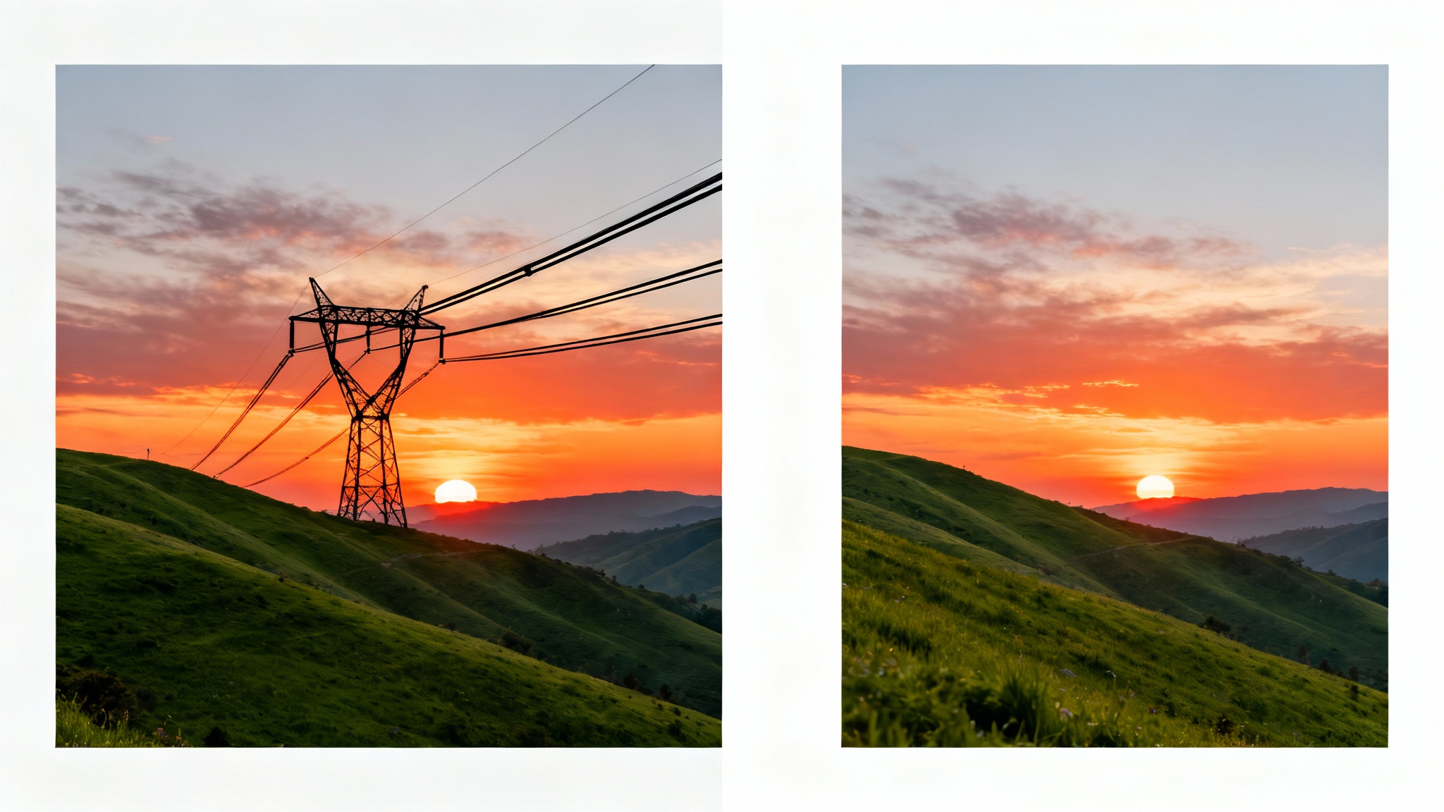 A before-and-after comparison image. The 'before' side shows a beautiful sunset landscape marred by power lines, and the 'after' side shows the same scene with the power lines removed, resulting in a clean, unobstructed view.