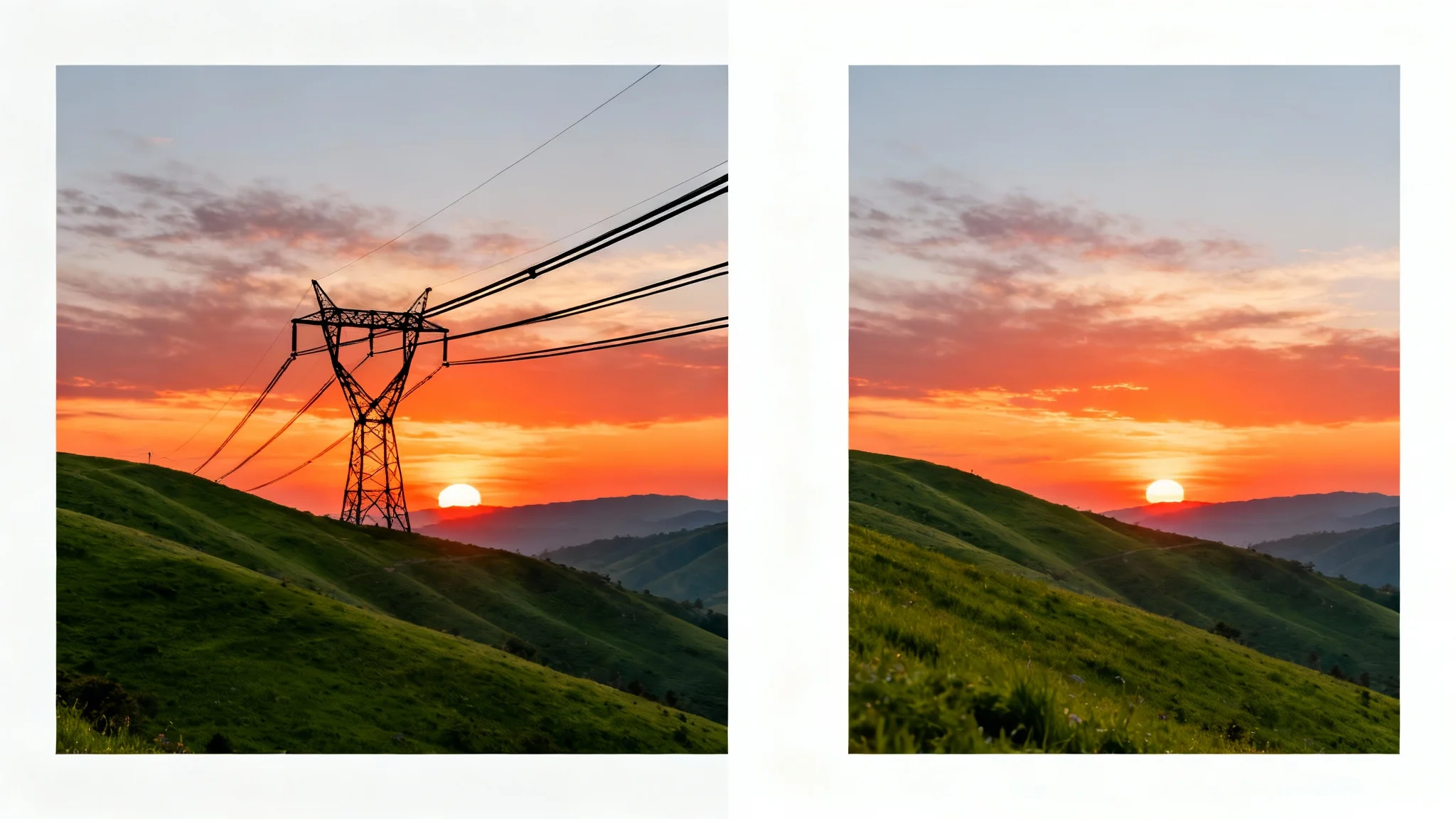 A before-and-after comparison image. The 'before' side shows a beautiful sunset landscape marred by power lines, and the 'after' side shows the same scene with the power lines removed, resulting in a clean, unobstructed view.