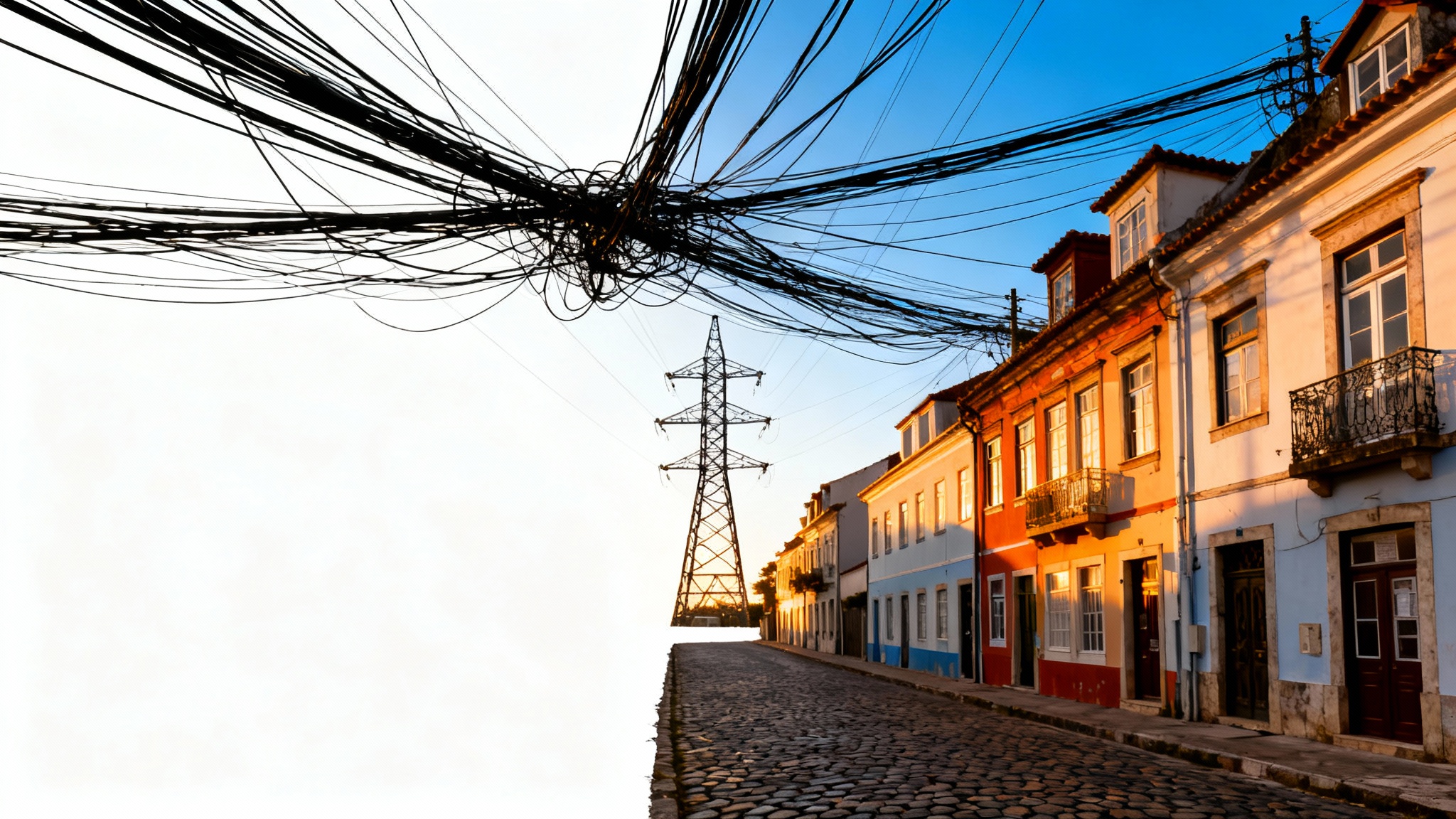 A beautiful European village street with colorful buildings, its picturesque view marred by a messy web of overhead power lines and cables.