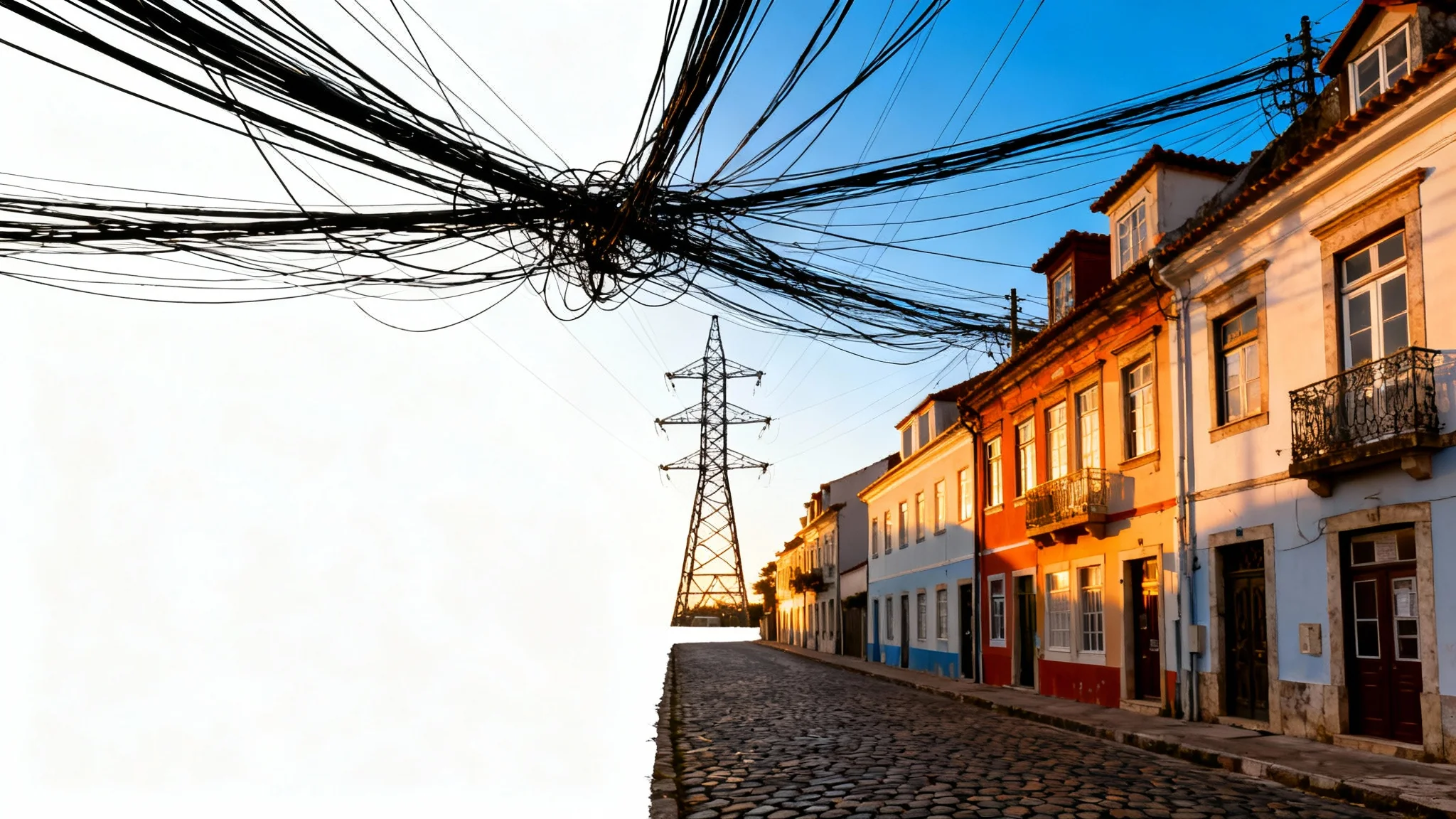 A beautiful European village street with colorful buildings, its picturesque view marred by a messy web of overhead power lines and cables.
