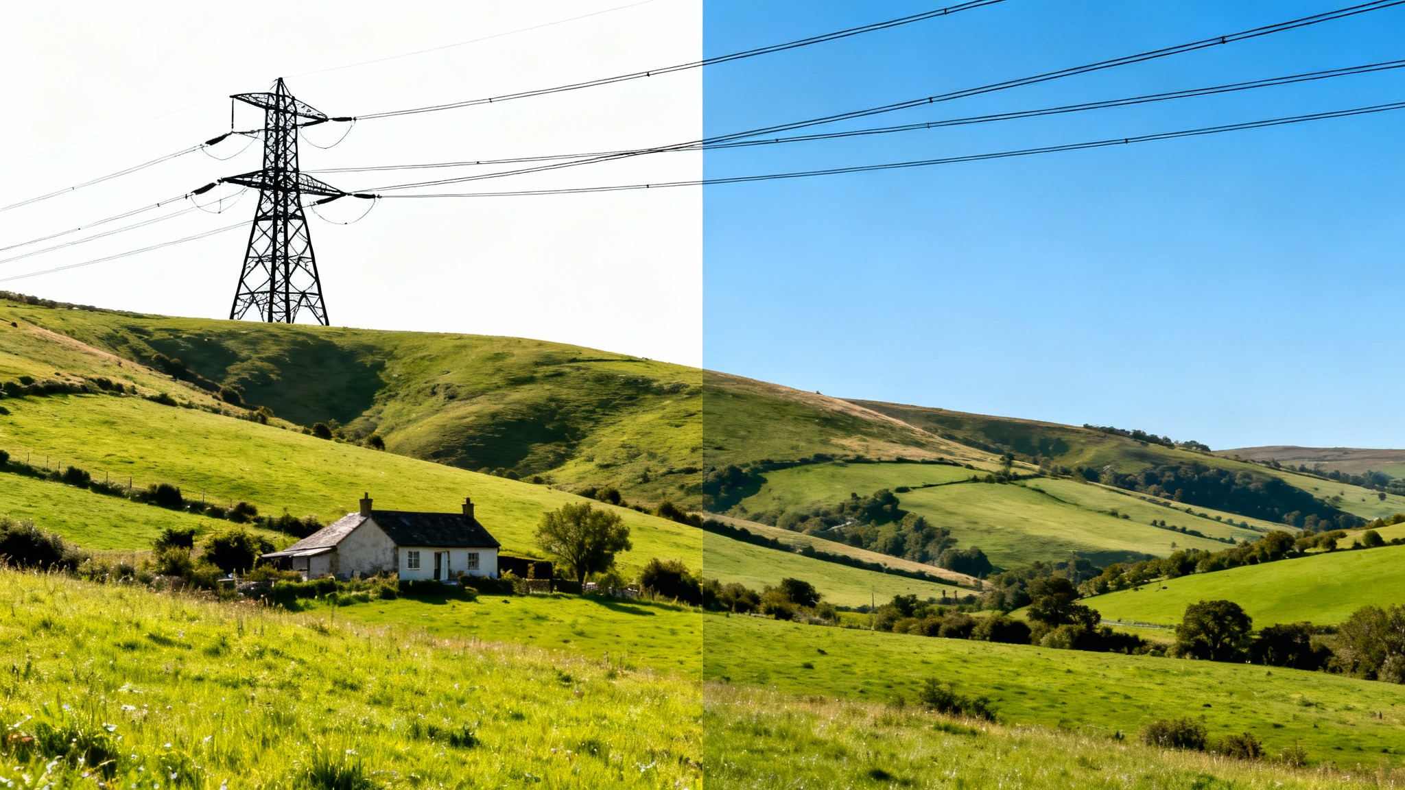 A before-and-after comparison image. The 'before' side shows a beautiful countryside landscape ruined by power lines. The 'after' side shows the same scene with the power lines completely removed, resulting in a perfect, clean image.
