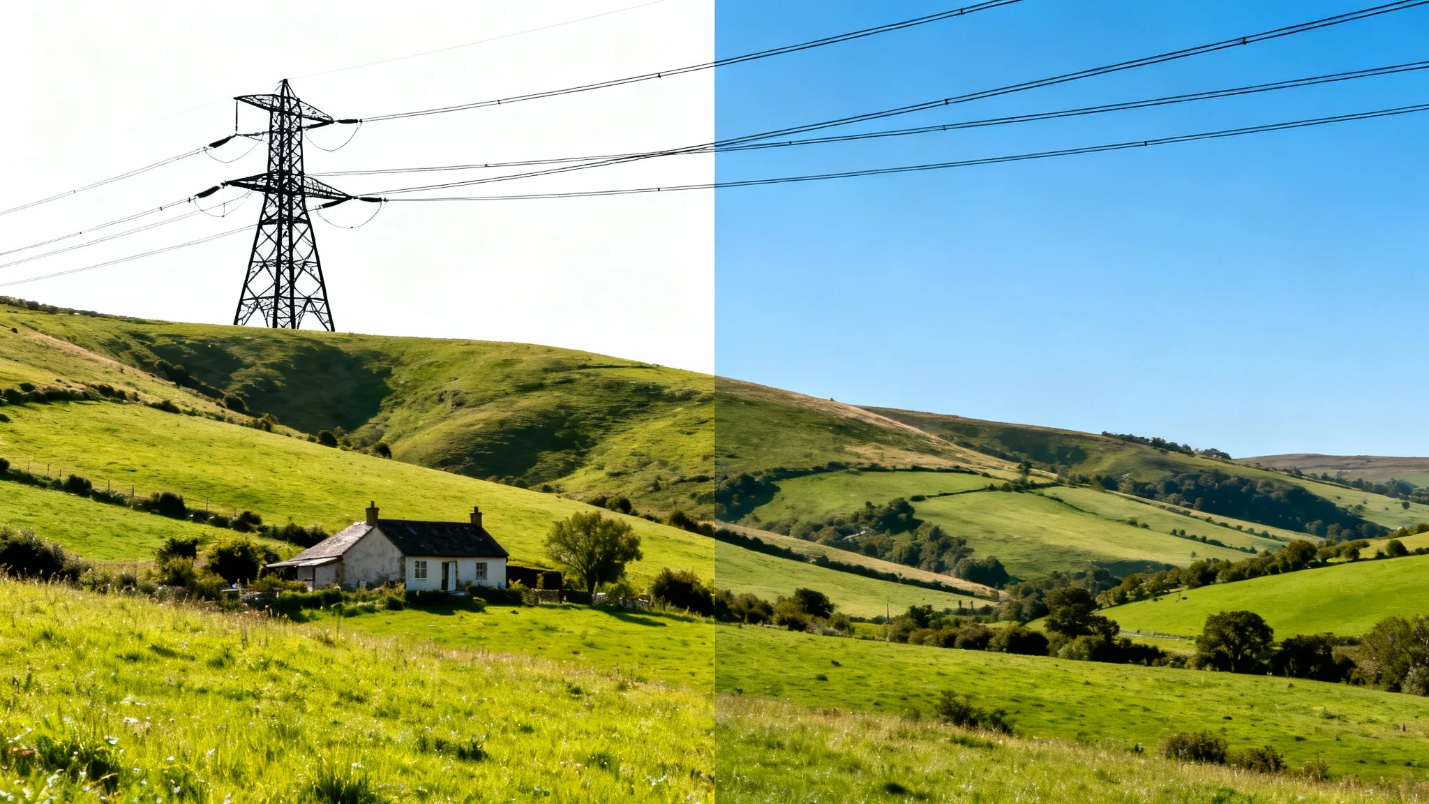 A before-and-after comparison image. The 'before' side shows a beautiful countryside landscape ruined by power lines. The 'after' side shows the same scene with the power lines completely removed, resulting in a perfect, clean image.