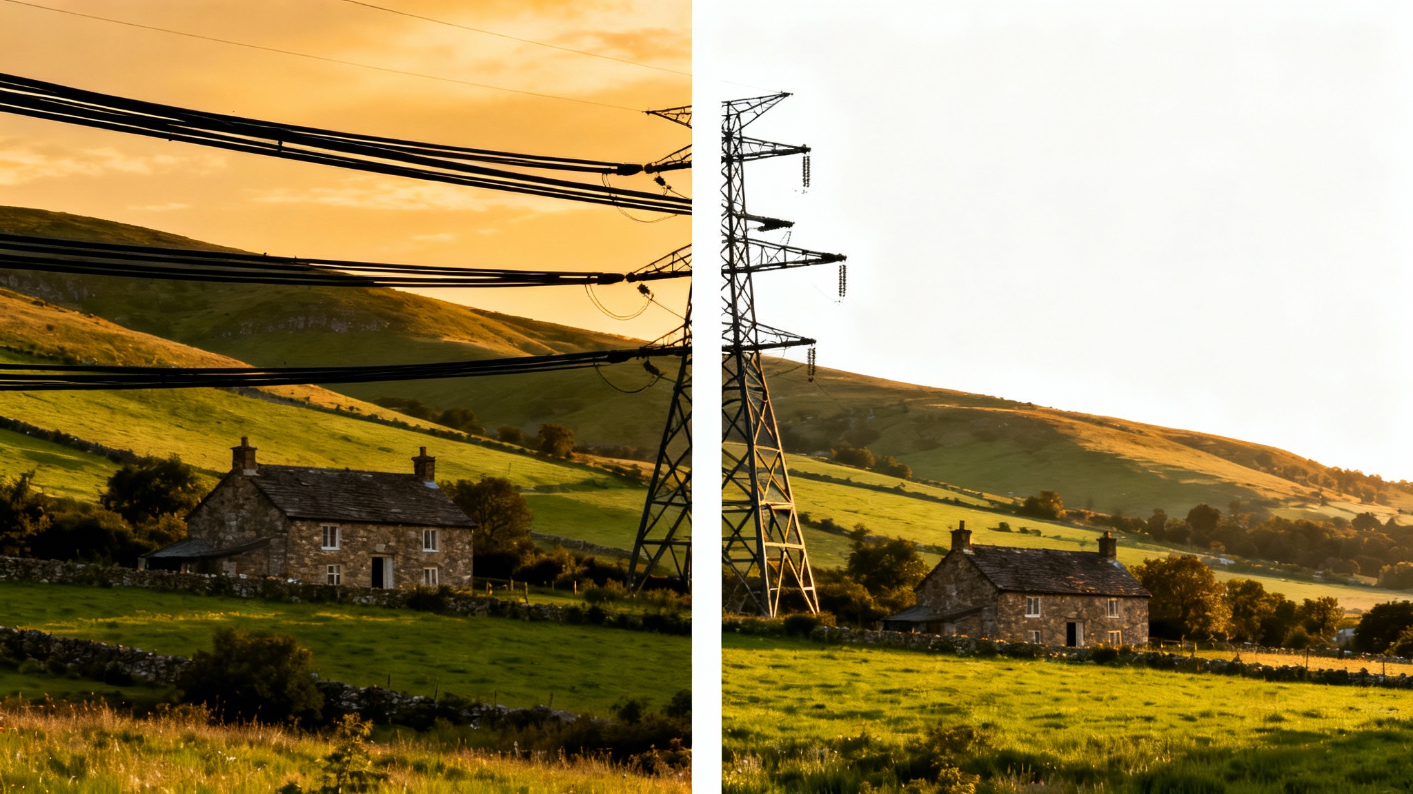 A split-screen comparison image showing the effect of removing power lines from a photo. The left side shows a beautiful country cottage with the view ruined by power lines, while the right side shows the same idyllic scene with the power lines completely erased, resulting in a clean, perfect picture.