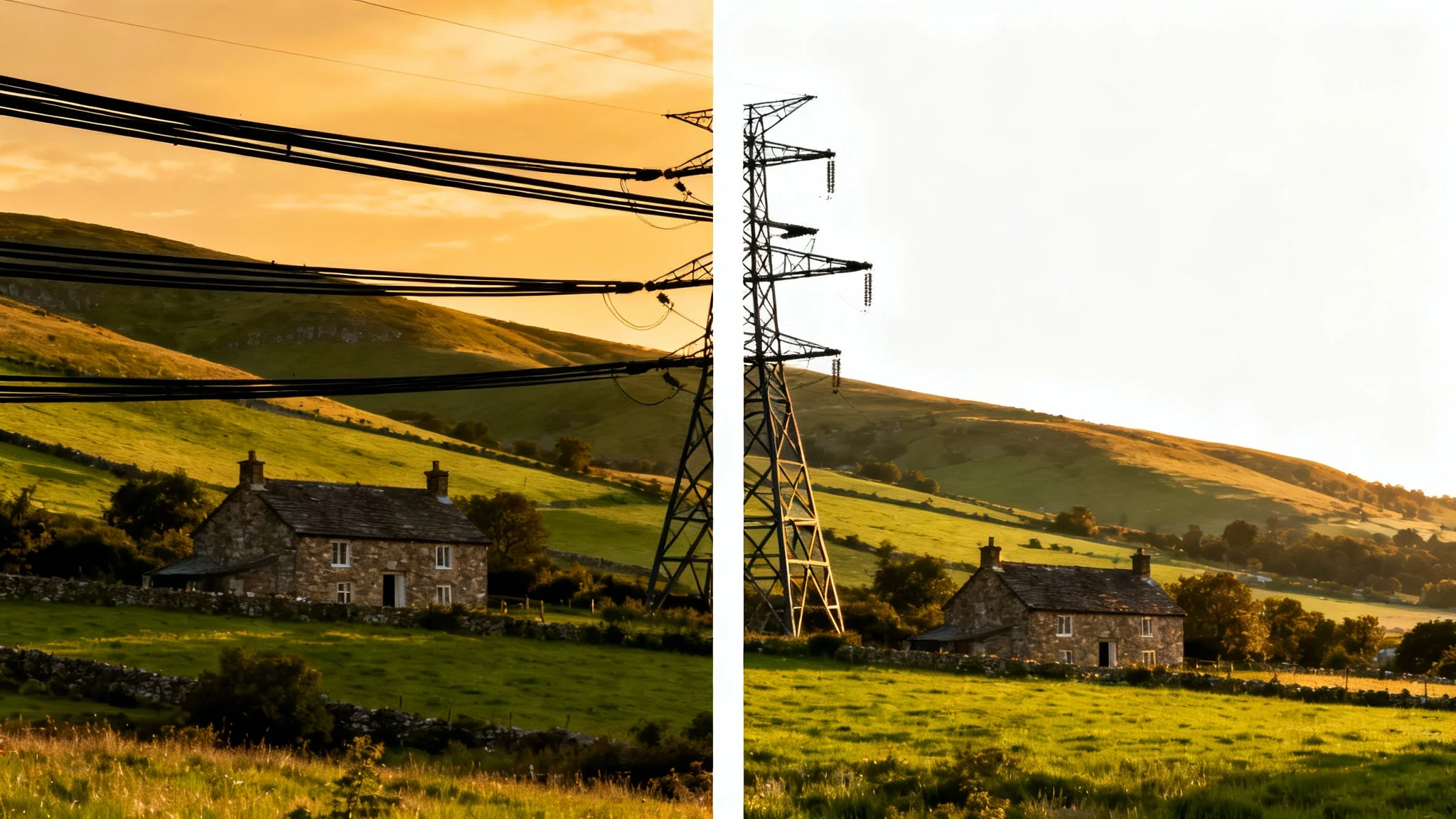 A split-screen comparison image showing the effect of removing power lines from a photo. The left side shows a beautiful country cottage with the view ruined by power lines, while the right side shows the same idyllic scene with the power lines completely erased, resulting in a clean, perfect picture.