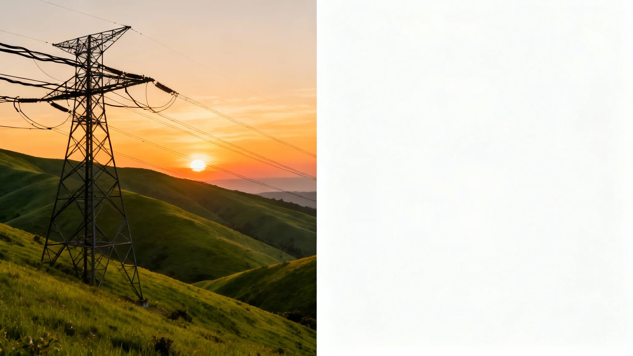 A side-by-side comparison image demonstrating a power line removal tool. The left panel shows a beautiful landscape marred by power lines, and the right panel shows the same landscape perfectly clean with the power lines removed.