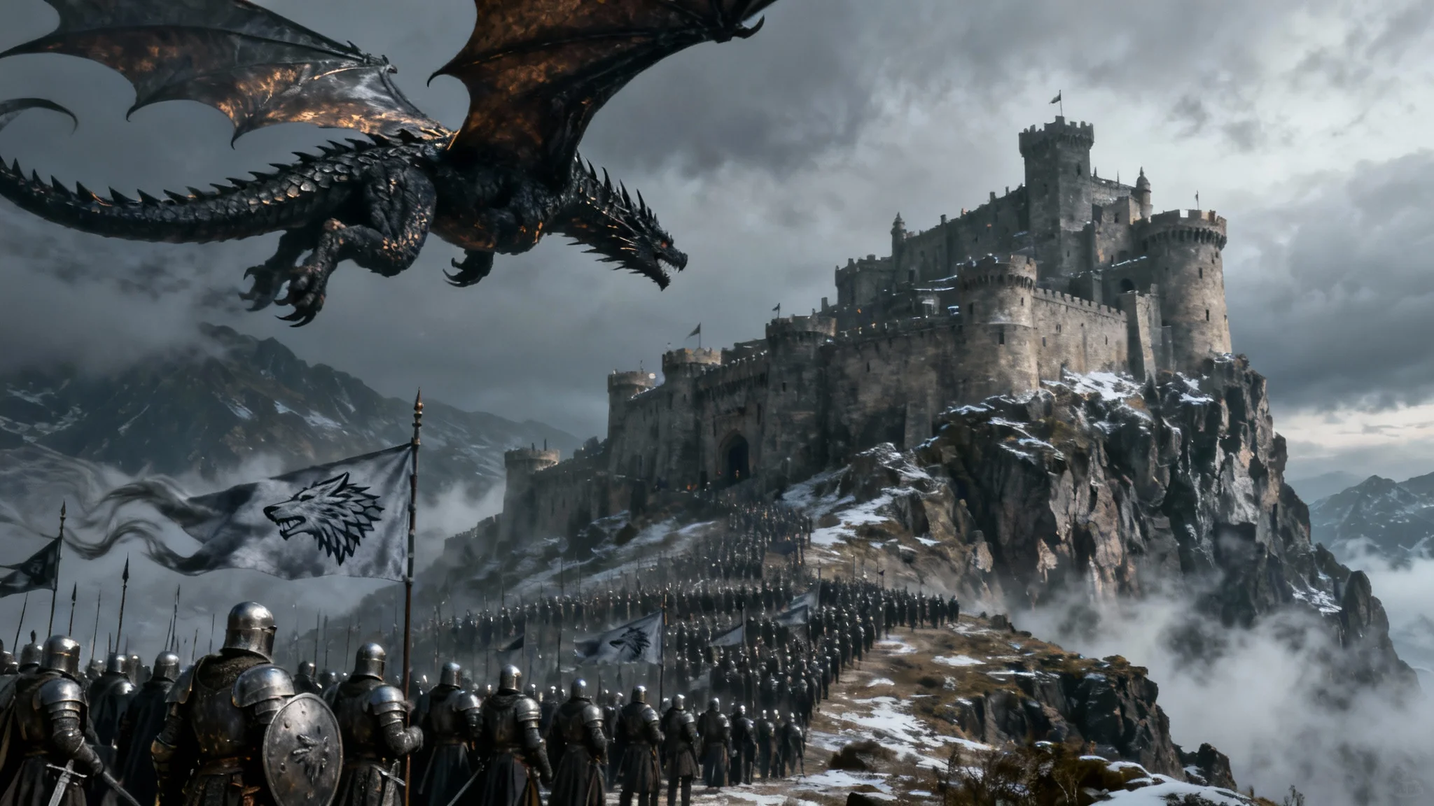 A cinematic, gritty fantasy artwork in the style of Game of Thrones, showing a massive dark fortress on a cliff. A large, black dragon flies overhead while an army of knights with direwolf banners stands below under a grey, overcast sky.