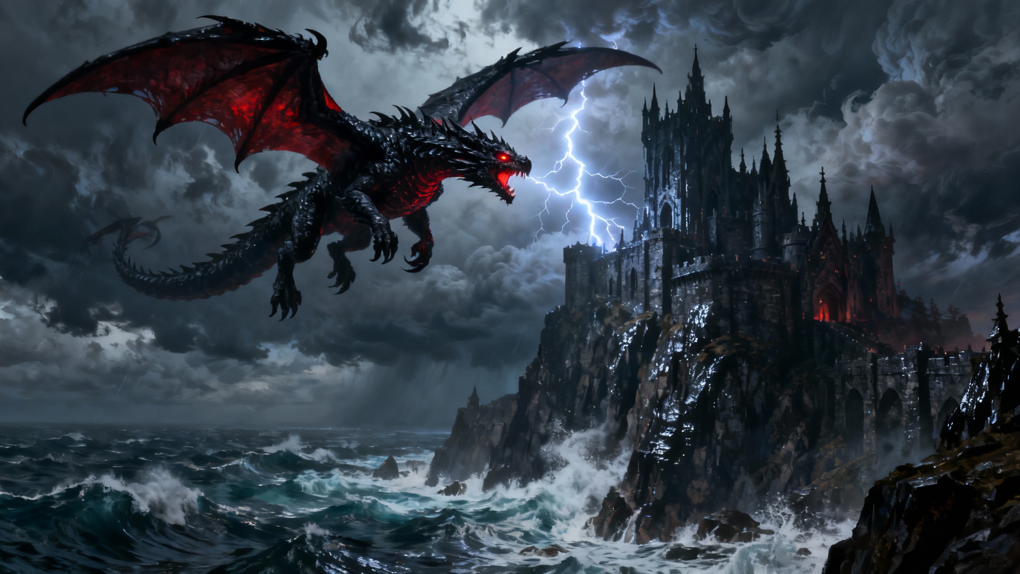 A dramatic, hyper-realistic painting in the style of Game of Thrones, depicting a massive black dragon flying through a storm over a dark castle on a cliff.