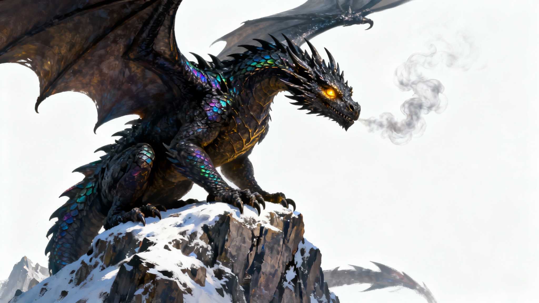 A dramatic digital painting of a fearsome black dragon with glowing golden eyes, perched on a snowy rock, depicted in the style of Game of Thrones art against a white background.